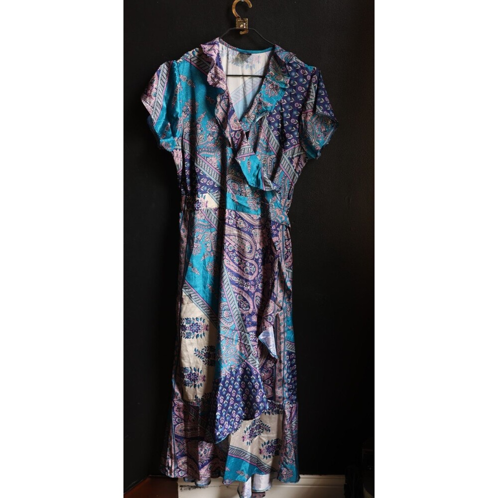 Advance Maxi Wrap Colorful Dress Silk Blend Floral Boho Ruffle Jewel Fairy L/XL
